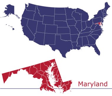 Usa haritalı Maryland ilçe vektör haritası ulusal bayrak renkleri