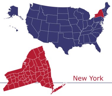 Usa haritalı New York ilçe vektör haritası ulusal bayrak renkleri