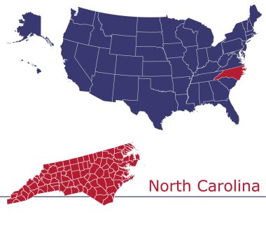 Usa haritalı Kuzey Carolina ilçe vektör haritası ulusal bayrak renkleri