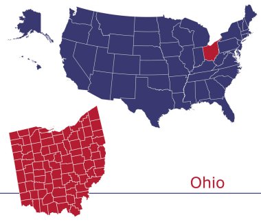 Ohio counties vector map with USA map colors national flag clipart
