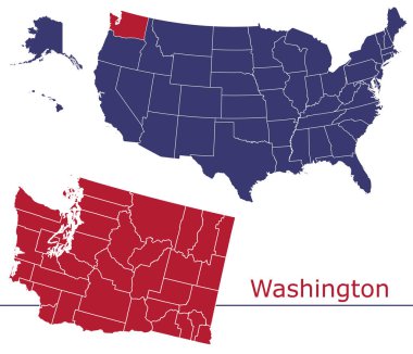 Usa haritalı Washington ilçe vektör haritası ulusal bayrak renkleri
