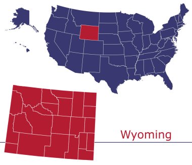Usa haritalı Wyoming ilçe vektör haritası ulusal bayrak renkleri