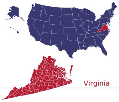 Usa haritalı Virginia ilçe vektör haritası ulusal bayrak renkleri