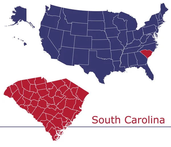 South Carolina County Vectorkaart Met Usa Kaart Kleuren Nationale Vlag — Stockvector