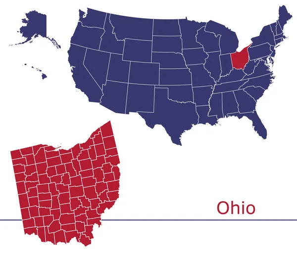 Mapa Vectorial Condados Ohio Con Mapa Colores Bandera Nacional — Archivo Imágenes Vectoriales