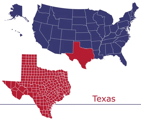 Mapa Vectorial Condados Texas Con Mapa Colores Bandera Nacional — Archivo Imágenes Vectoriales