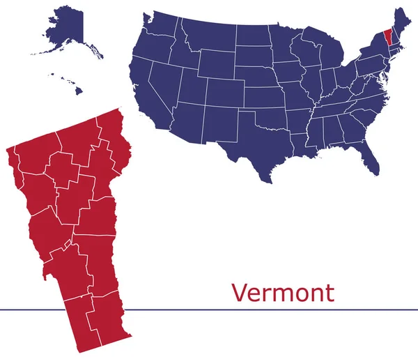 Mapa Vectorial Los Condados Vermont Con Mapa Colores Bandera Nacional — Vector de stock