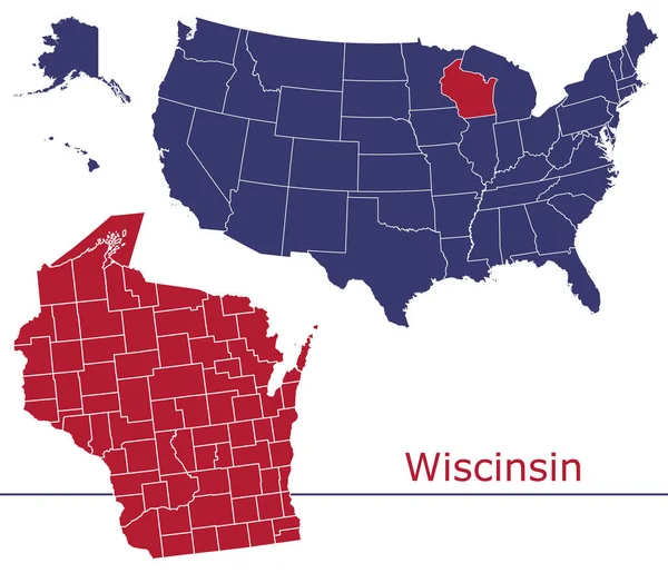 Wisconsin Condados Mapa Vectorial Con Mapa Colores Bandera Nacional — Archivo Imágenes Vectoriales