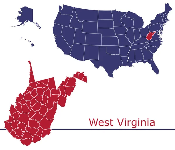 West Virginia Condados Mapa Vectorial Con Mapa Colores Bandera Nacional — Vector de stock