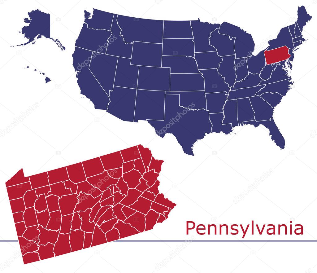 Pennsylvania counties vector map with USA map colors national flag