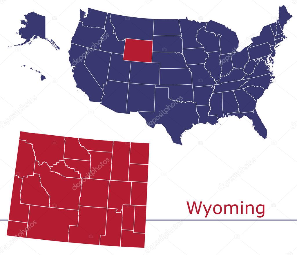 Wyoming counties vector map with USA map colors national flag