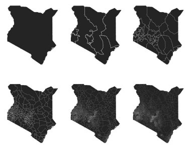Kenya idari bölgeler, belediyeler, departmanlar, sınırlar içeren vektör haritaları