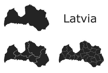 İdari bölgeler, belediyeler, departmanlar, sınırlar içeren Letonya vektör haritaları