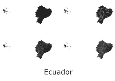 İdari bölgeler, belediyeler, departmanlar, sınırlar içeren Ekvador vektör haritaları