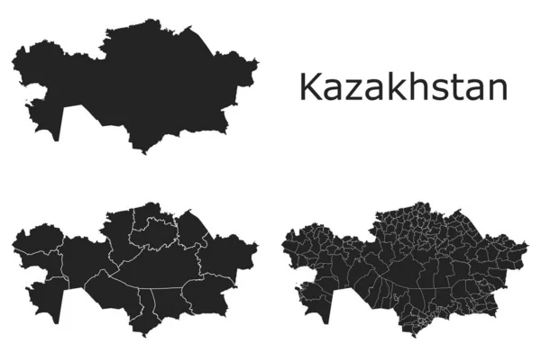 İdari bölgeler, belediyeler, departmanlar, sınırlar içeren Kazakistan vektör haritaları