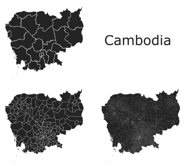 Mapy Wektorów Kambodży Regionami Administracyjnymi Gminami Departamentami Granicami — Wektor stockowy