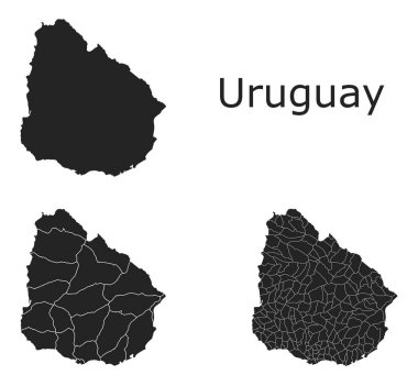 İdari bölgeler, belediyeler, departmanlar, sınırlar içeren Uruguay vektör haritaları