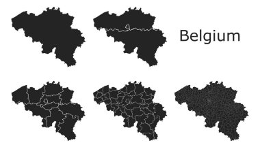 İdari bölgeler, belediyeler, departmanlar, sınırlar içeren Belçika vektör haritaları