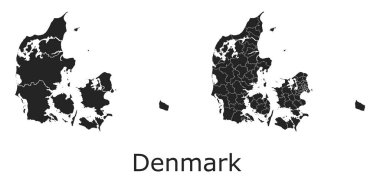 İdari bölgeler, belediyeler, departmanlar, sınırlar içeren Danimarka vektör haritaları