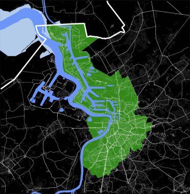 Antwerpen Antwerp, Belçika idari yeşil harita nehirler, su, yollar ve karayolları siyah zemin üzerinde