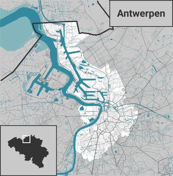 アントワープベルギーは白い背景に川 道路や高速道路をマップします — ストックベクタ