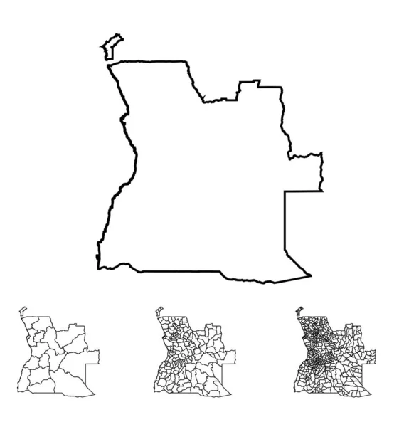 Angola Umreißt Kartenvektor Mit Verwaltungsgrenzen Regionen Gemeinden Departements Schwarz Weißen — Stockvektor