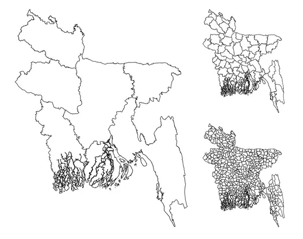 Bangladesz Zarys Wektora Mapy Granicami Administracyjnymi Regionami Gminami Departamentami Czarno — Wektor stockowy