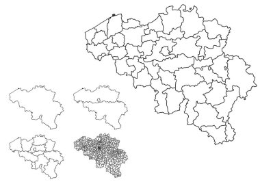 İdari sınırları, bölgeleri, belediyeleri, siyah beyaz renkli bölümleri olan Belçika ana hat harita vektörü