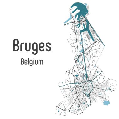 Bruges Brugge haritası yollar ve nehirler, şehir idari sınırları, beyaz arka planda gri ve mavi olan sanat tasarımı