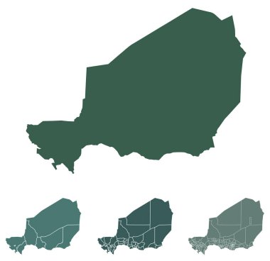 Nijer haritası idari sınırları, bölgeleri, belediyeleri, siyah beyaz renkli departmanları olan vektörleri belirler. Infographic tasarım şablon haritası.