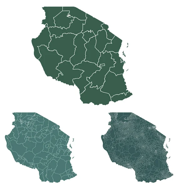 Tanzanya Haritası Idari Sınırları Bölgeleri Belediyeleri Siyah Beyaz Renkli Departmanları — Stok Vektör
