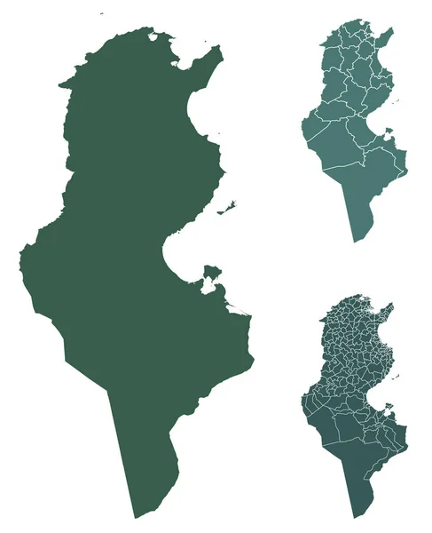 Tunus Haritası Idari Sınırları Bölgeleri Belediyeleri Siyah Beyaz Renkli Departmanları — Stok Vektör