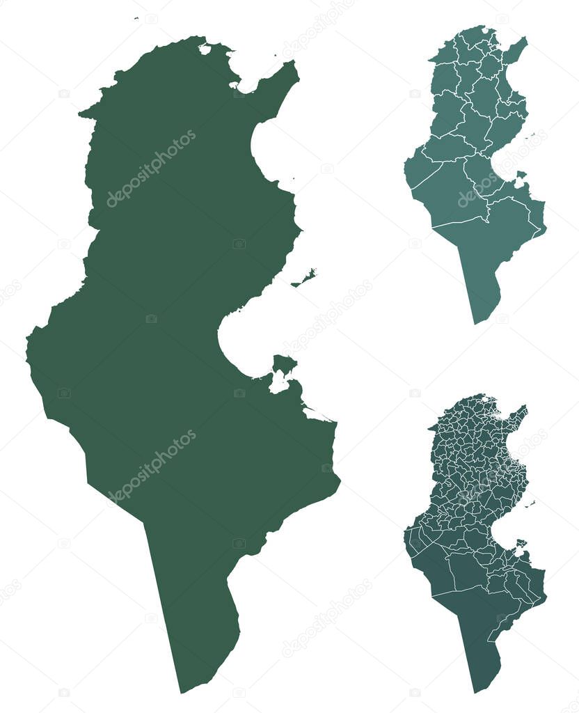 Tunisia map outline vector with administrative borders, regions, municipalities, departments in black white colors. Infographic design template map.