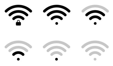 Yuvarlak şekil ve bağlantı seviyesinde düz wifi simgeleri, kilitli ve açık, üçgen, ince, kalın ve yuvarlak.
