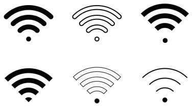 Farklı şekil ve bağlantı seviyesinde düz wifi simgeleri kümesi, kilitli ve kilitli değil, üçgen, ince, kalın ve yuvarlak.