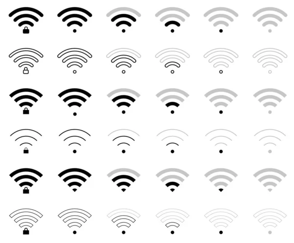 Conjunto Iconos Letreros Wifi Planos Diferentes Formas Niveles Conexión Bloqueados — Archivo Imágenes Vectoriales