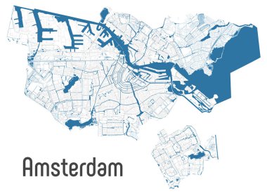 Amsterdam haritasında yollar ve nehirler, şehir idari sınırları, beyaz arka planda gri ve mavi renkli sanat tasarımı