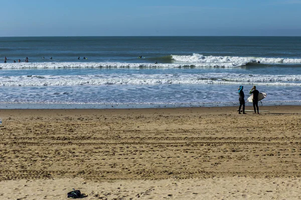 Birkaç sörfçü sahilde dalgaları bekliyor.