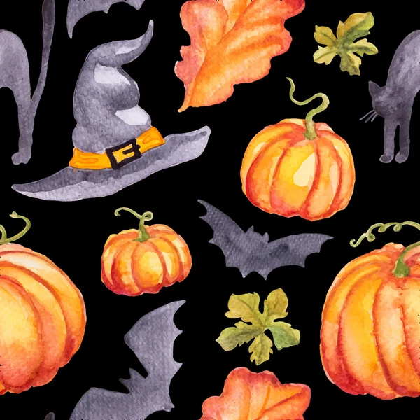 Seamless pattern wirh watercolor pumpkins, hat abd bats — Stock Vector