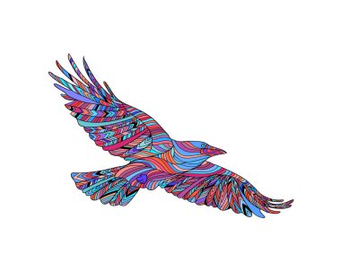 Çizilmiş kargalar etnik çiçek desenli. Boyama sayfası - zendala, yetişkinler, vektör çizim, ruhsal rahatlama için tasarım üzerinde beyaz bir arka plan izole. Zen karalamalar.