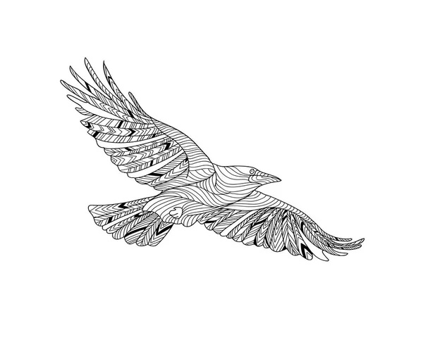 Cuervo dibujado a mano con patrón étnico. Dibujo para colorear - zendala, diseño para la relajación espiritual para adultos, ilustración vectorial, aislado sobre un fondo blanco . — Vector de stock