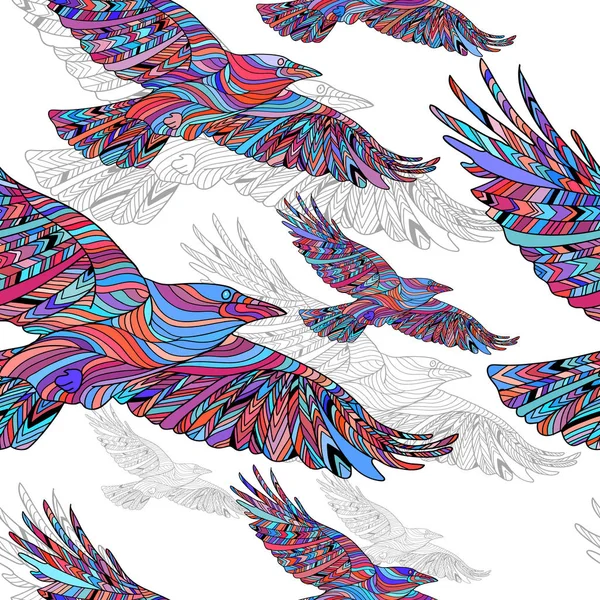 Padrão sem costura de corvos desenhados à mão com padrão floral étnico. Contexto abstrato — Vetor de Stock