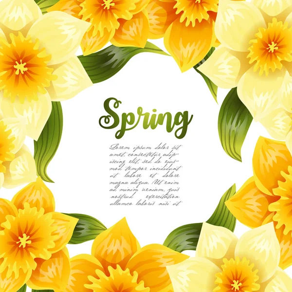 Fundo elegante com narciso de narciso amarelo. Flor de primavera com caule e folhas. Padrão realista — Vetor de Stock