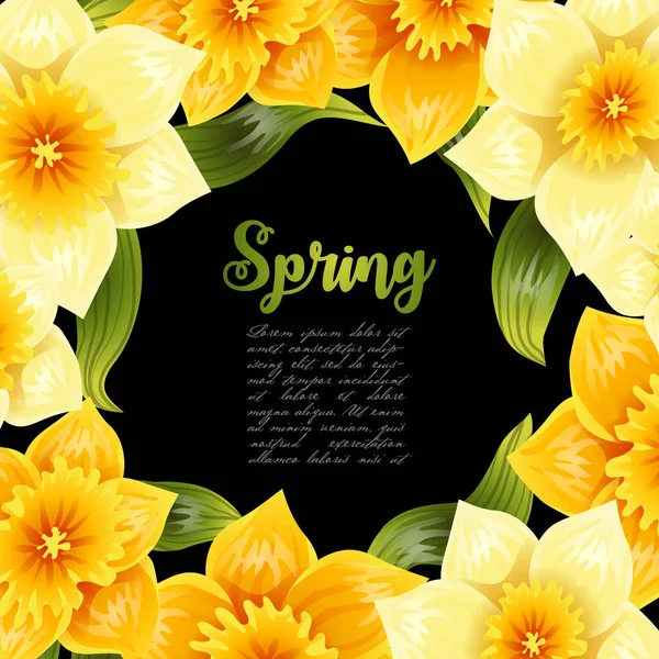 Zarif arka plan sarı Nergis nergis ile. Bahar çiçek kök ve yaprakları ile. Gerçekçi desen — Stok Vektör