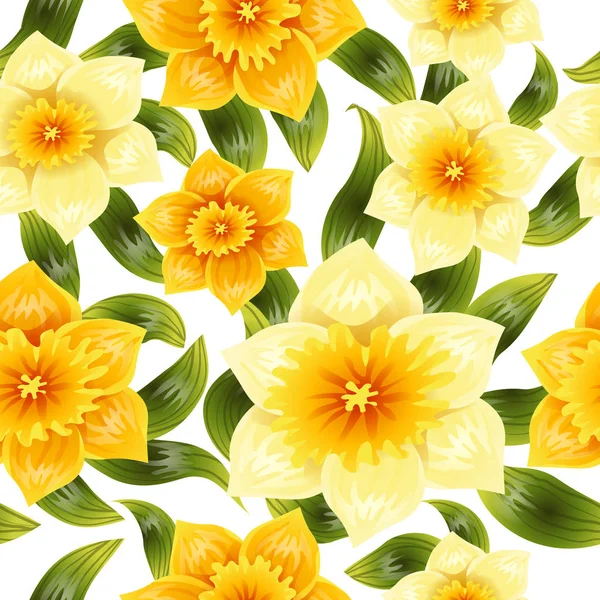 黄色の水仙水仙とシームレスな背景は。春の花の茎や葉。現実的なパターン — ストックベクタ