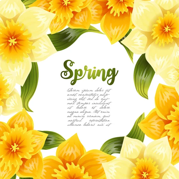 Fondo elegante con narciso amarillo narciso. Flor de primavera con tallo y hojas. Patrón realista — Vector de stock