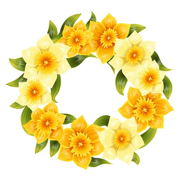 Κομψό φόντο με κίτρινα νάρκισσοι daffodil. Λουλούδι την άνοιξη με το στέλεχος και τα φύλλα. Ρεαλιστική μοτίβο — Διανυσματικό Αρχείο