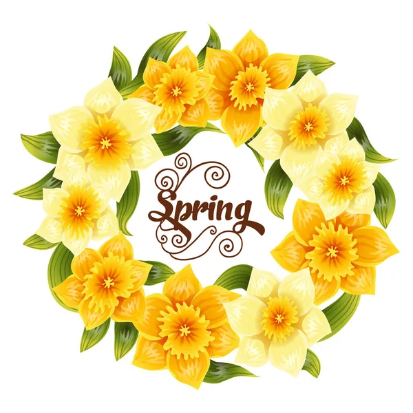Elegant bakgrund med gul påsklilja narcissus. Våren blomma med stjälk och blad. Realistiska mönster — Stock vektor