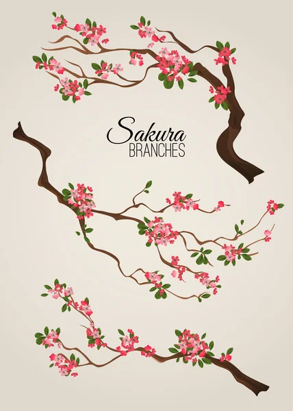 Realistic sakura japan cherry branch with blooming flowers vector illustration — Stock Vector