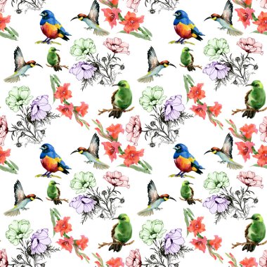 Suluboya çiçek ve renkli kuşlar